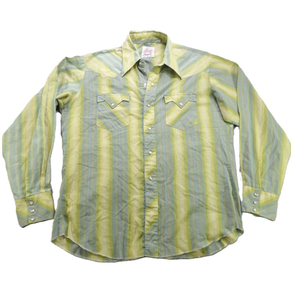 VTG Japan Palomino 70s Western Pearl Snap Striped Blend Men L Shirt Green Rodeo